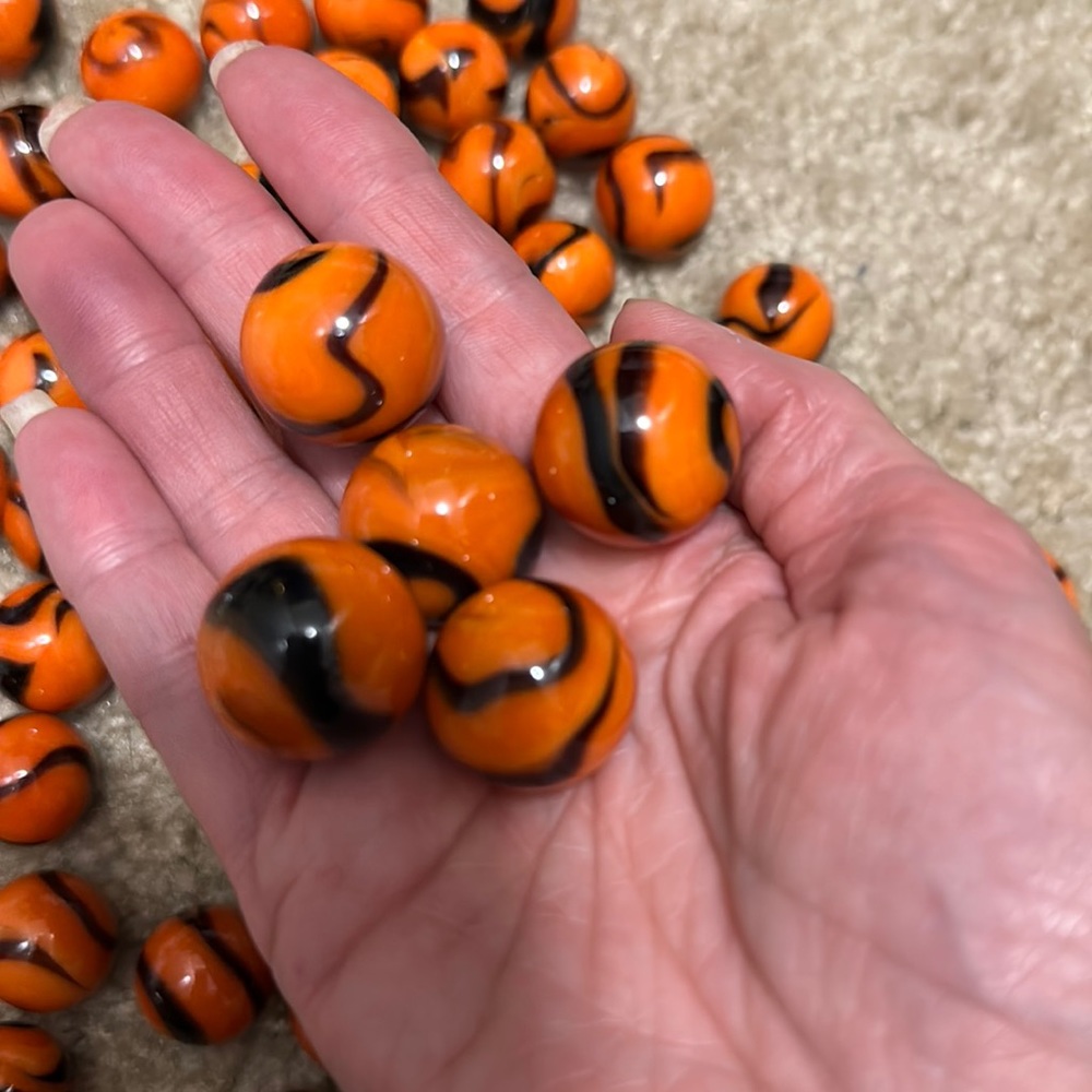 set of 5 bengal tiger mega glass marbles. Orange , black